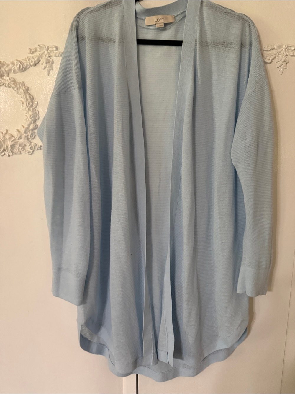 LOFT Pale Blue Open-Front Lightweight Cardigan. Linen blend. XXL